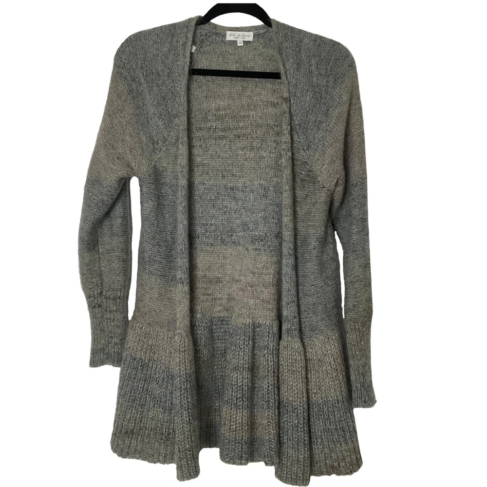 Fili Di Lana Long Sleeve Gray Beige Mohair Wool, etc, Long Cardigan Ruffle Hem M